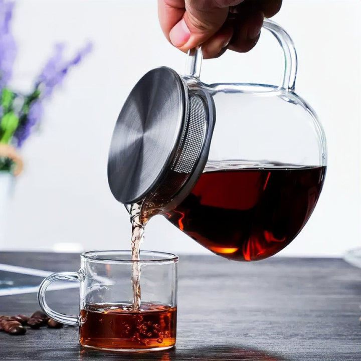 Big Belly Glass Teapot with Stainless Steel Filter Lid - Tea and Whisk