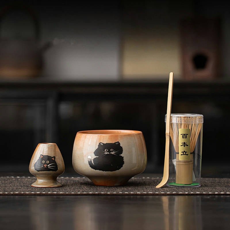 Black Cat Ceremonial Matcha Tools Set With Top - Grade Ceremonial Matcha - Tea and Whisk