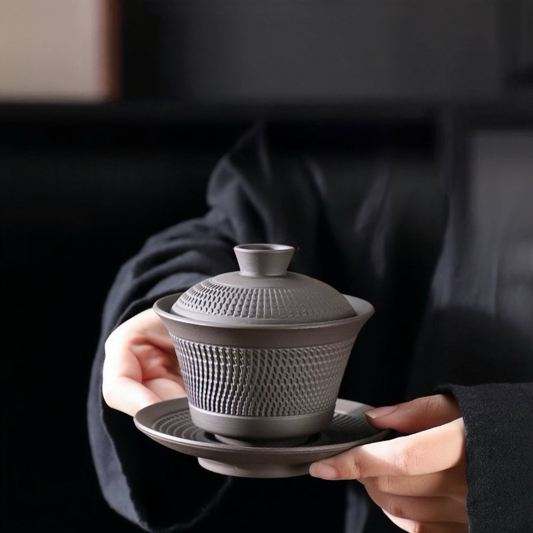 Blade Pattern - Yixing Zisha Purple Clay Gaiwan - Tea and Whisk