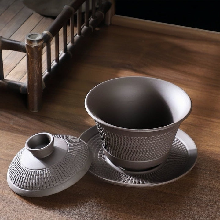Blade Pattern - Yixing Zisha Purple Clay Gaiwan - Tea and Whisk