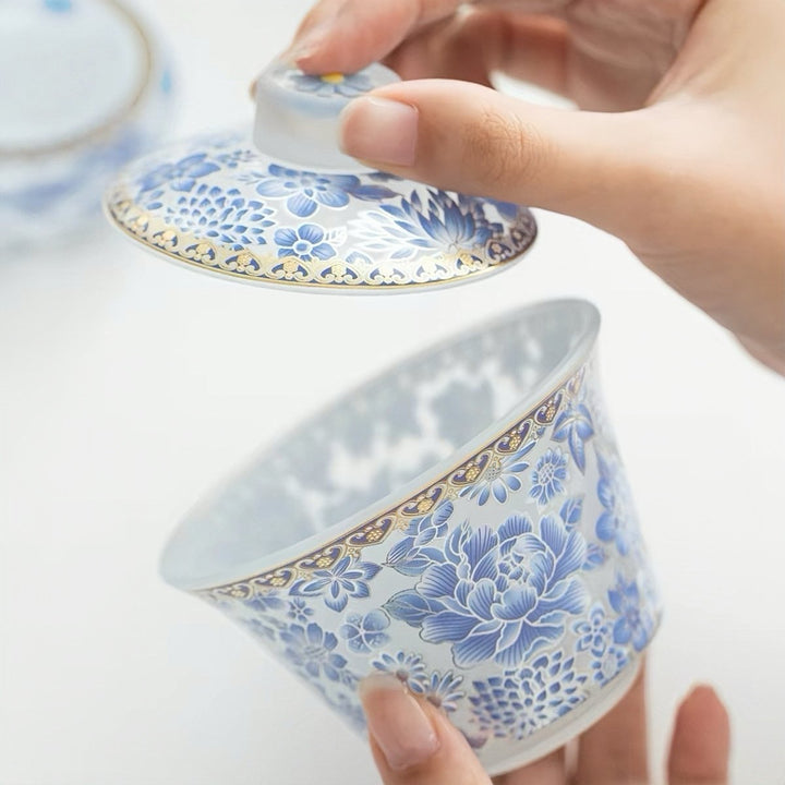 Blue Blossom -Liuli Gaiwan Complete Gongfu Tea Set - Tea and Whisk