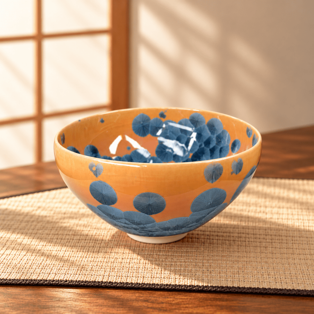 Blue Crystal Bloom – Handmade Kyoto Kiyomizu-yaki Matcha Bowl - Tea and Whisk