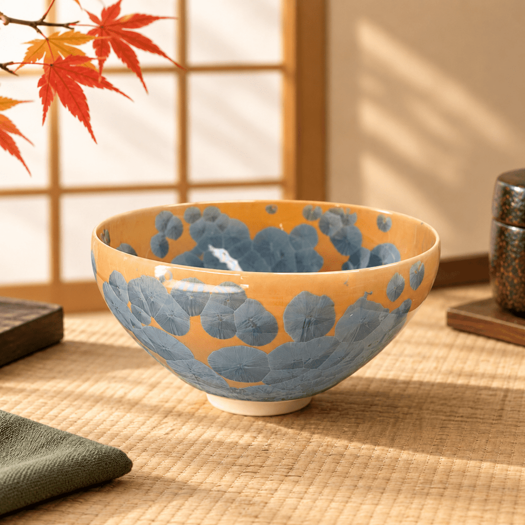 Blue Crystal Bloom – Handmade Kyoto Kiyomizu-yaki Matcha Bowl - Tea and Whisk