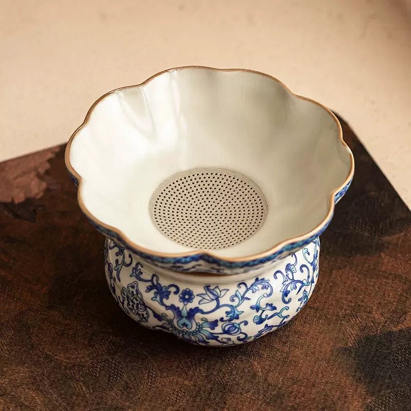 Blue Flowers - Premium Ru Kilns Clay Tea Strainer - Tea and Whisk