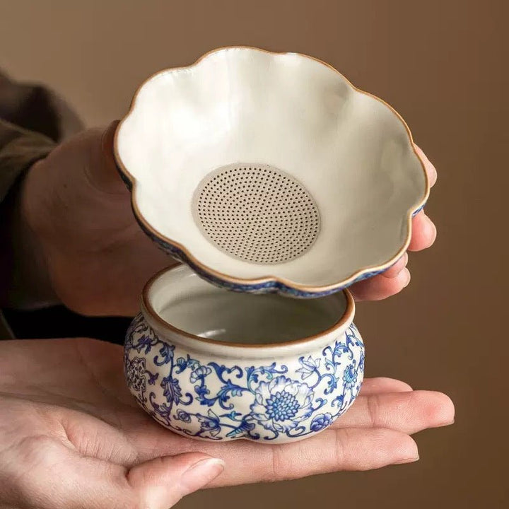 Blue Flowers - Premium Ru Kilns Clay Tea Strainer - Tea and Whisk