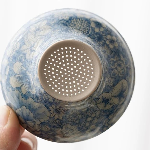 Blue Flowers - Premium Ru Kilns Clay Tea Strainer - Tea and Whisk