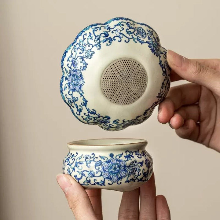 Blue Flowers - Premium Ru Kilns Clay Tea Strainer - Tea and Whisk