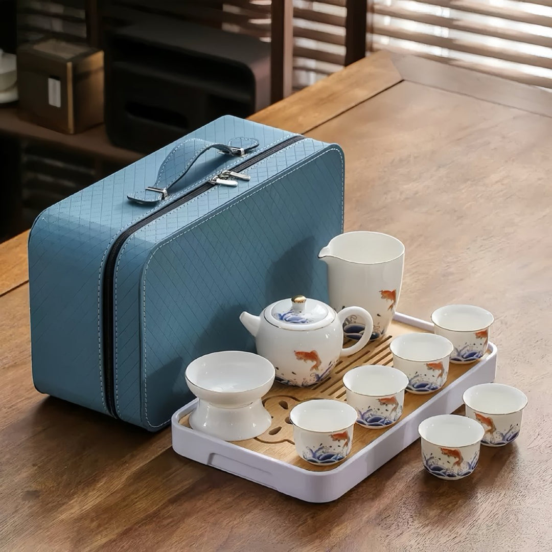 Blue Tide Koi - Premium White Porcelain Teapot Travel Set - Tea and Whisk