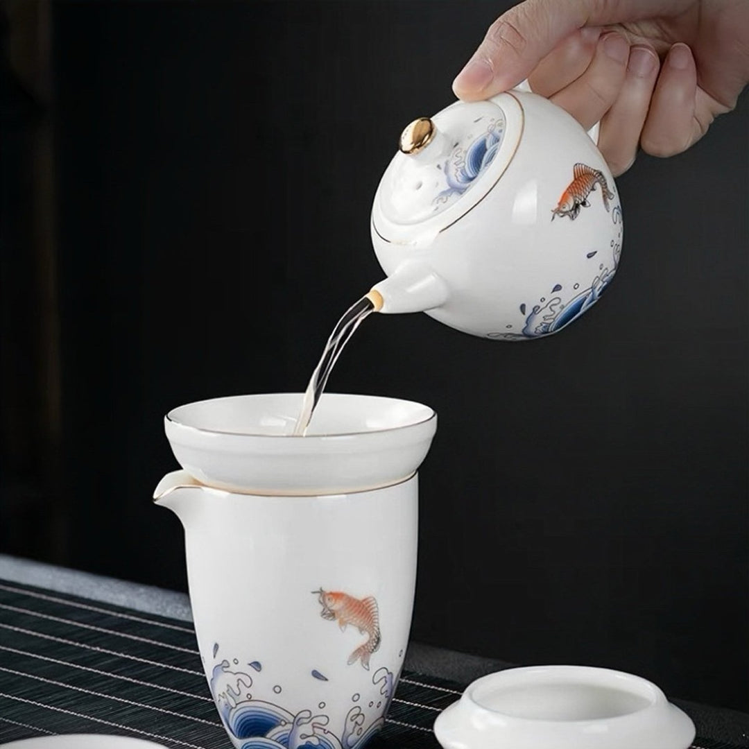 Blue Tide Koi - Premium White Porcelain Teapot Travel Set - Tea and Whisk