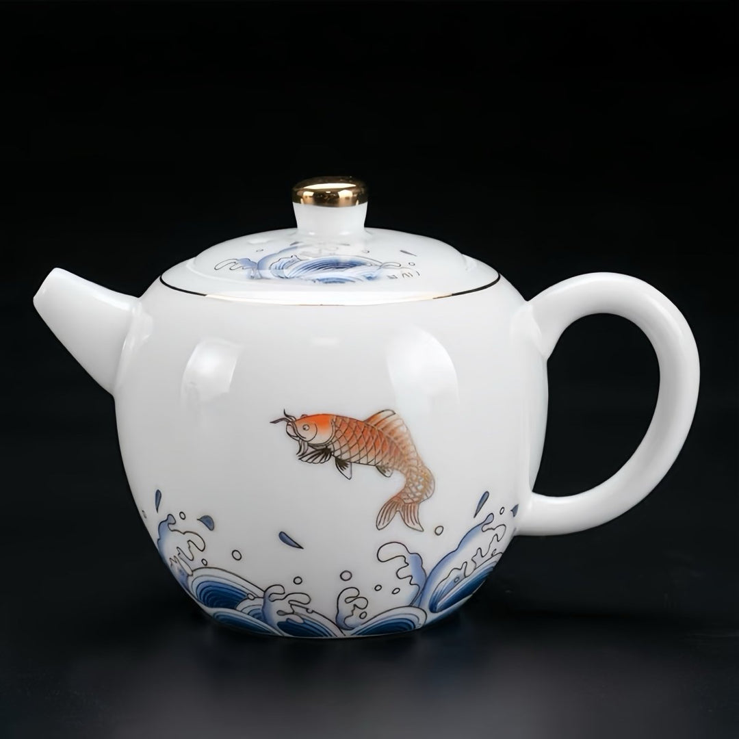 Blue Tide Koi - Premium White Porcelain Teapot Travel Set - Tea and Whisk
