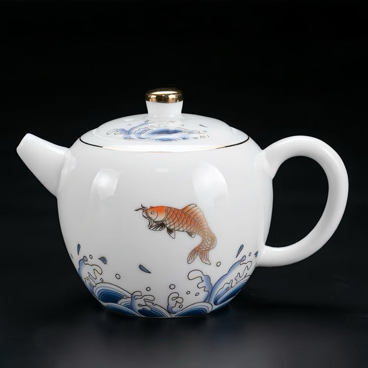Blue Tide Koi - Premium White Porcelain Teapot Travel Set - Tea and Whisk