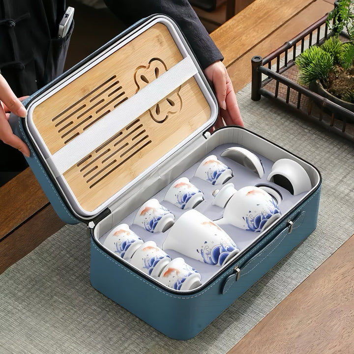 Blue Tide Koi - Premium White Porcelain Teapot Travel Set - Tea and Whisk