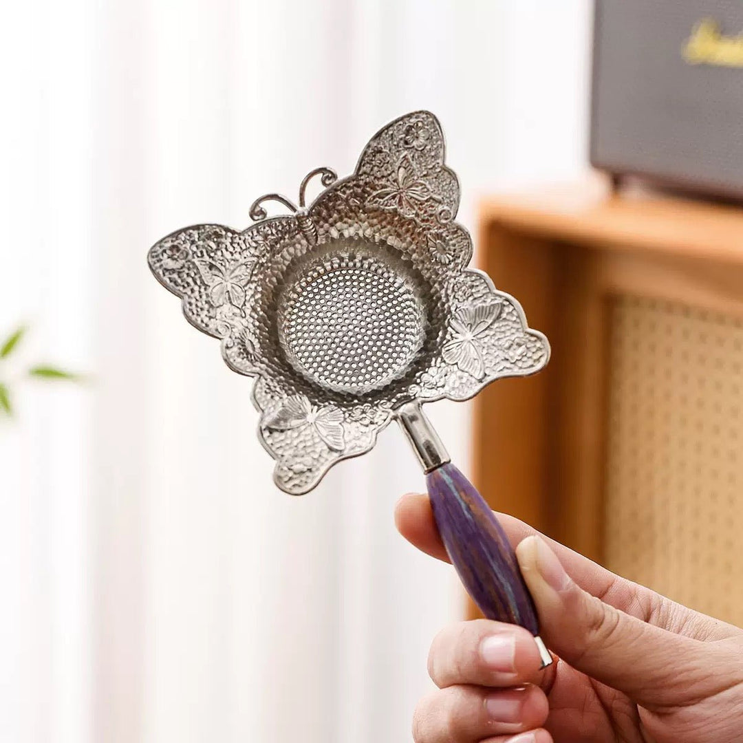 Butterfly Silver-Tone Tea Strainer with Wooden Handle - Tea and Whisk