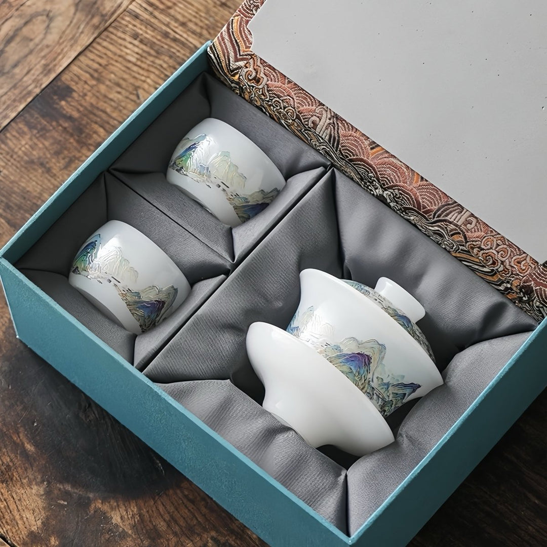Celestial Mountains Liuli Gaiwan with Two Teacups Set of 3 in a Gift Box - Tea and Whisk