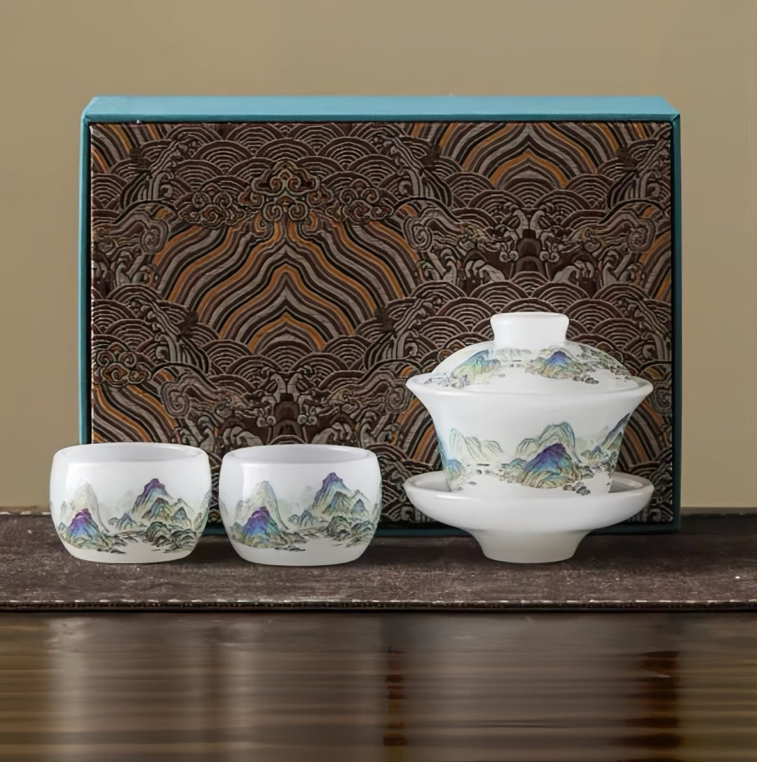 Celestial Mountains Liuli Gaiwan with Two Teacups Set of 3 in a Gift Box - Tea and Whisk