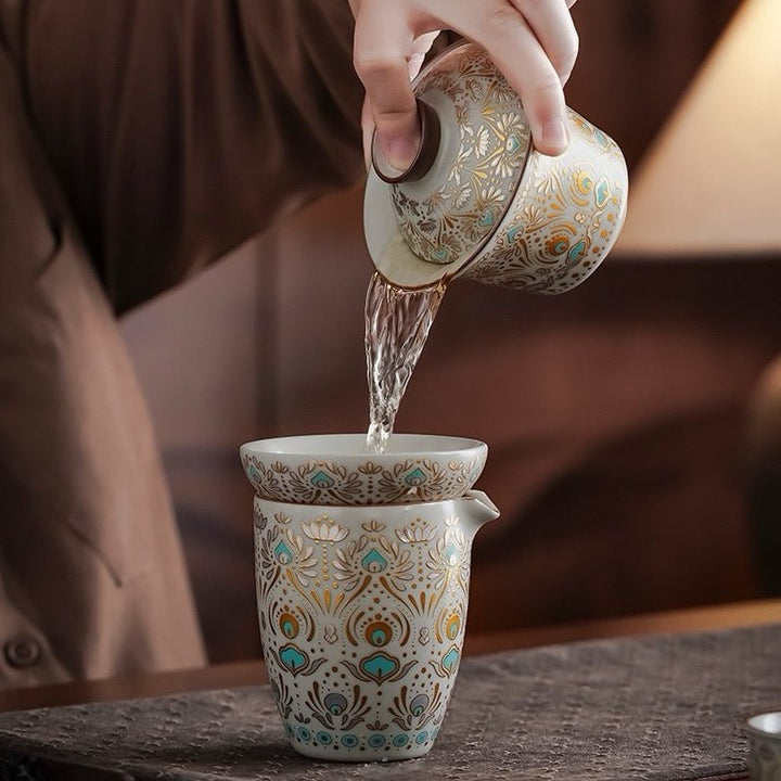 Celestial Radiance - Premium Ru Kiln Teapot and Gaiwan Complete Tea Set - Tea and Whisk
