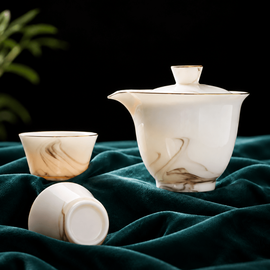 Cloudveil Mist Premium Butter White Porcelain Journey Tea Set - Tea and Whisk