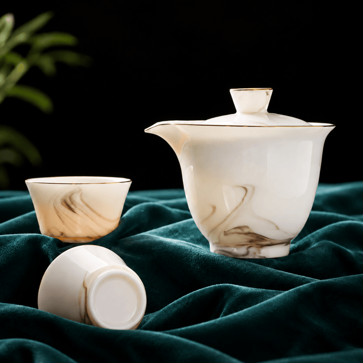 Cloudveil Mist Premium Butter White Porcelain Journey Tea Set - Tea and Whisk