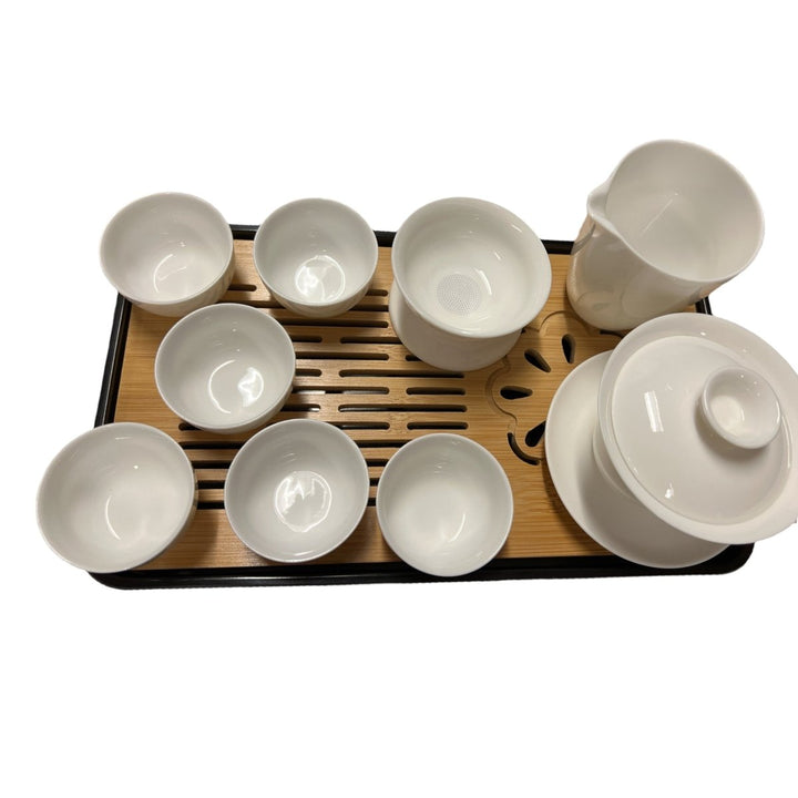 Complete Ceremonial Gaiwan Travel Tea Set - Jade Porcelain White - Tea and Whisk