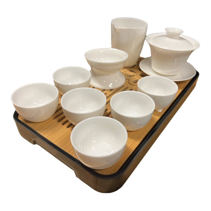 Complete Ceremonial Gaiwan Travel Tea Set - Jade Porcelain White - Tea and Whisk