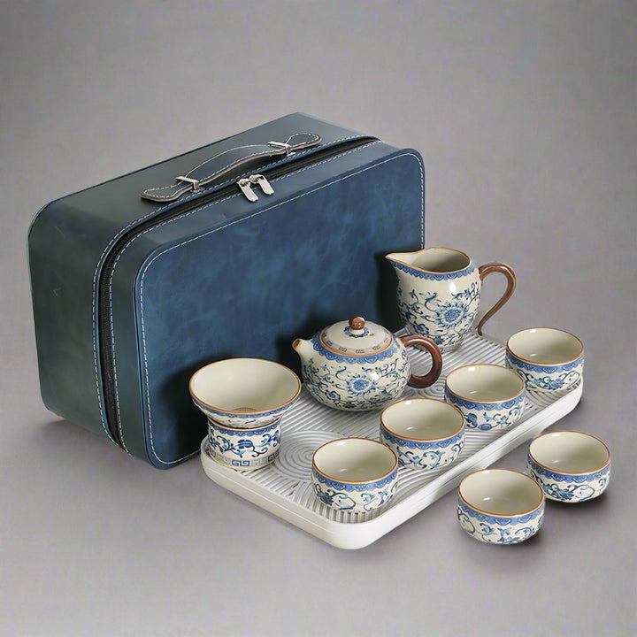 Complete Ceremonial Gongfu Travel Tea Set - Ru Kiln Hand - painted Blue Flowers - Tea and Whisk