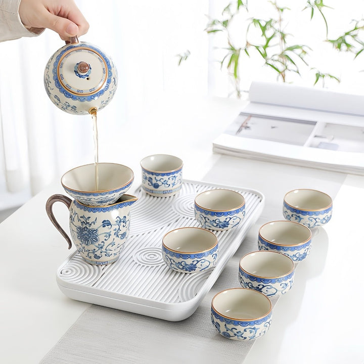 Complete Ceremonial Gongfu Travel Tea Set - Ru Kiln Hand - painted Blue Flowers - Tea and Whisk