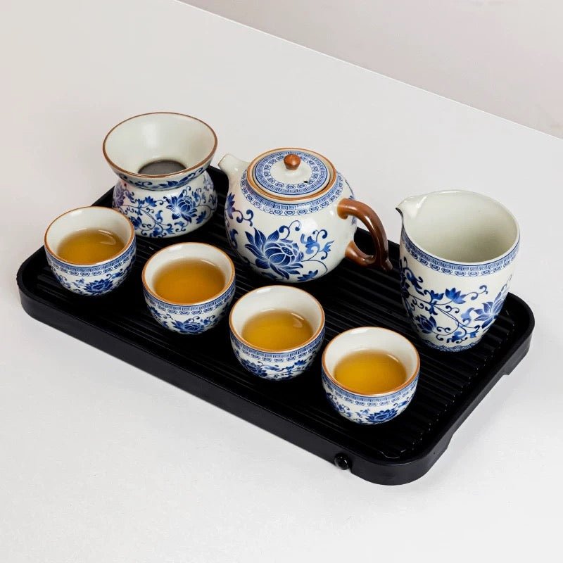 Complete Ceremonial Gongfu Travel Tea Set - Ru Kiln Hand - painted Lotus Flowers - Tea and Whisk