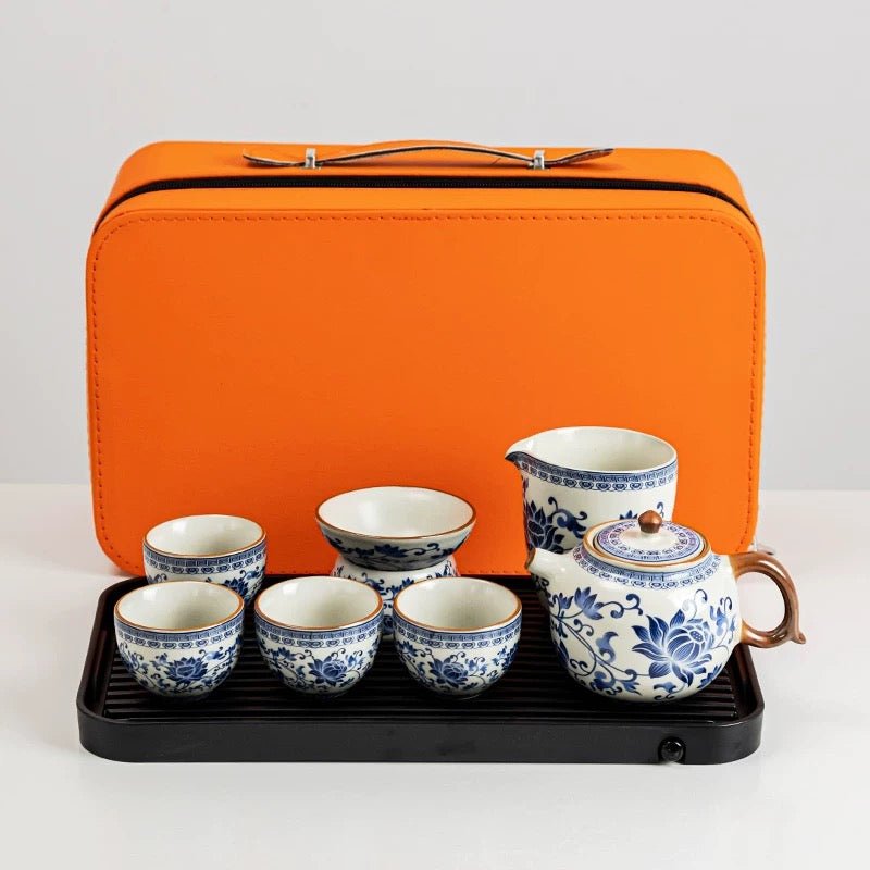 Complete Ceremonial Gongfu Travel Tea Set - Ru Kiln Hand - painted Lotus Flowers - Tea and Whisk