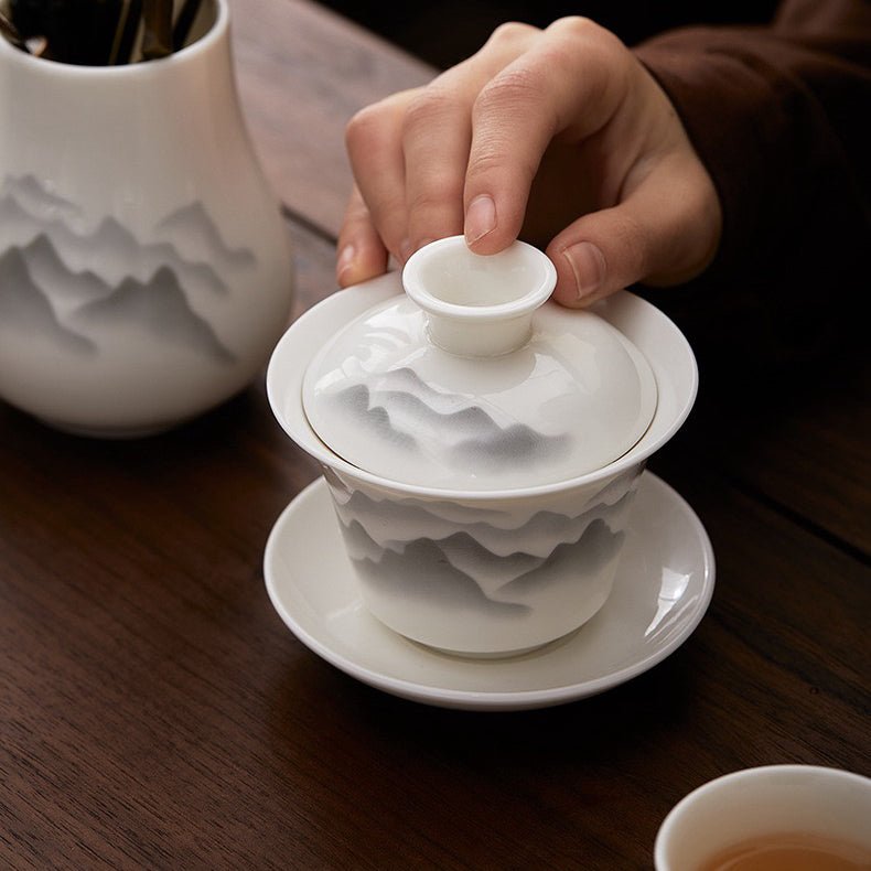 Complete Ceremonial Jade Porcelain Gaiwan Travel Set - Tea and Whisk