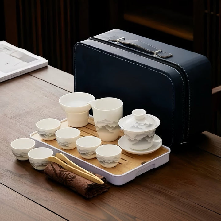 Complete Ceremonial Jade Porcelain Gaiwan Travel Set - Tea and Whisk