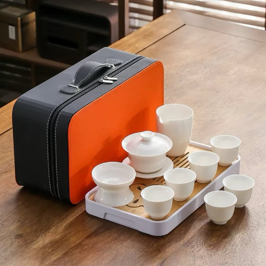 Complete Ceremonial Jade Porcelain Gaiwan Travel Set - Tea and Whisk