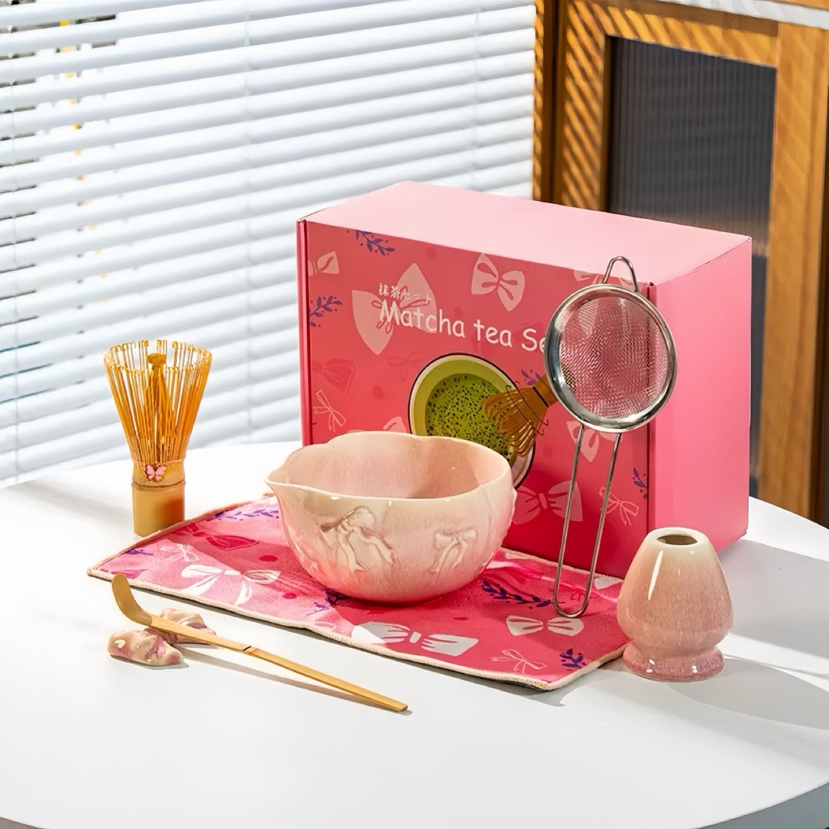Set Matcha Completo 4 Pezzi In Bambù - Frusta, Ciotola 450ml, Portafrusta E Misurino - Kit Cerimonia Del Tè Con Scopa E Ciotola, Verde Matcha