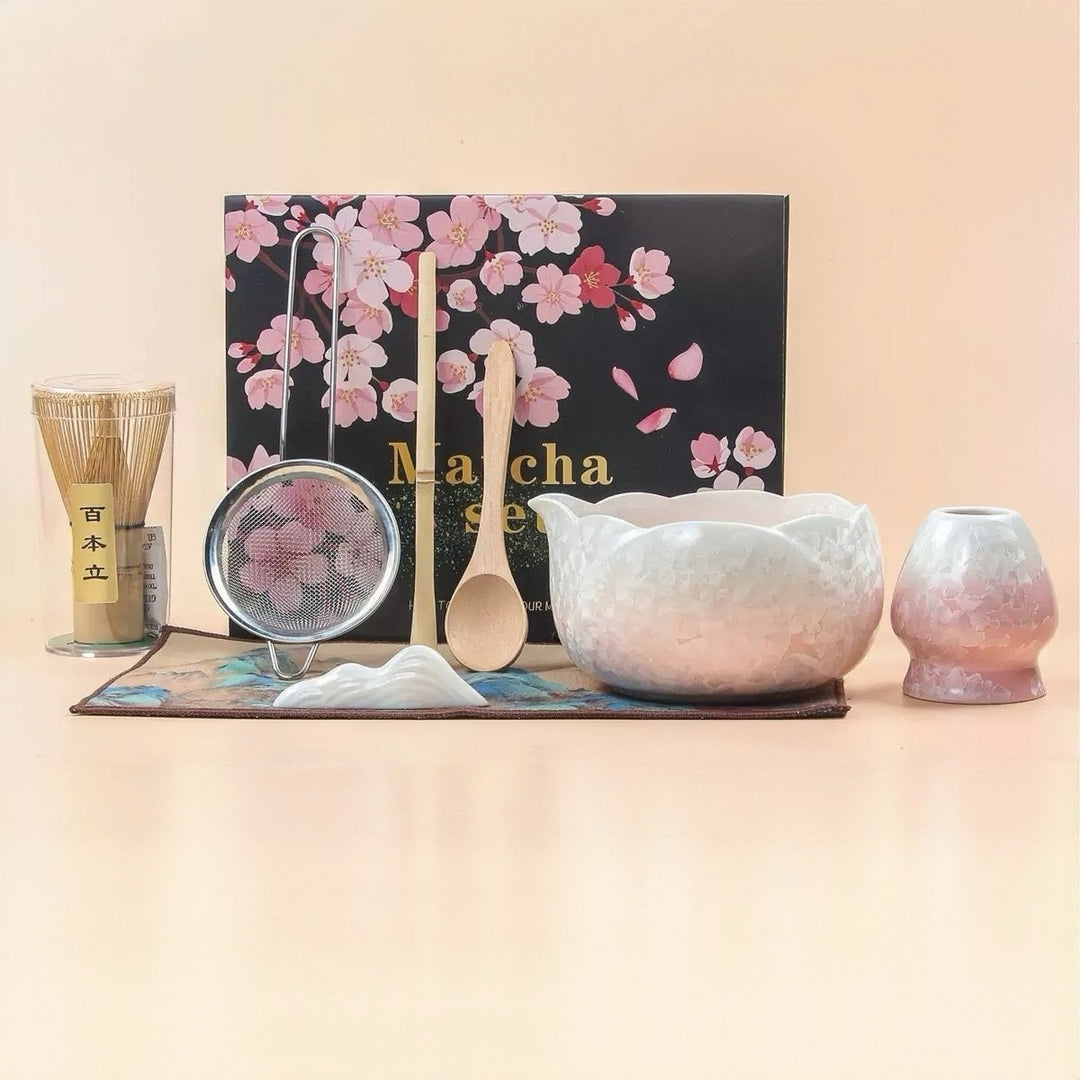 Matcha-garde, set van 4 bestaande uit bezem, kom, lepel en bezemhouder, van handgemaakt keramiek, voor de traditionele bereiding van matcha-thee (wit Matcha-garde, set van 4 bestaande uit bezem, kom, lepel en bezemhouder, van handgemaakt keramiek, voor de traditionele bereiding van matcha-thee (wit