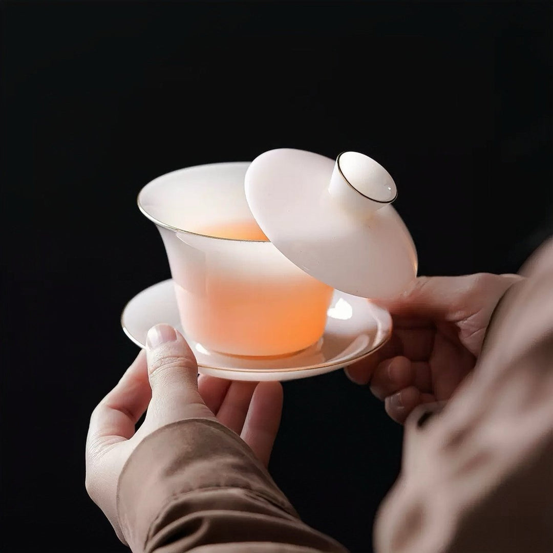 Completely Premium White Iced Jade Porcelain Gaiwan Set with Luxury Carrying Case - Tea and Whisk