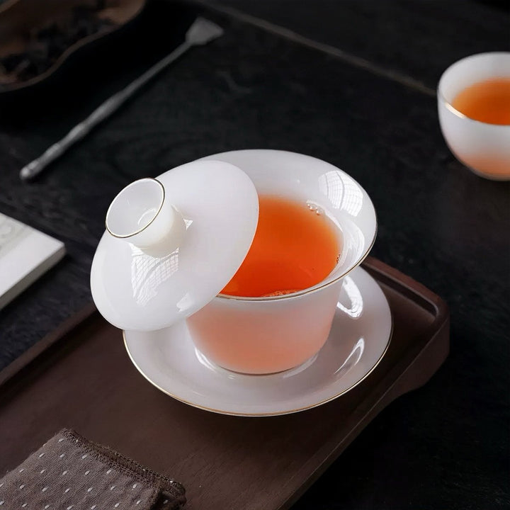 Completely Premium White Iced Jade Porcelain Gaiwan Set with Luxury Carrying Case - Tea and Whisk