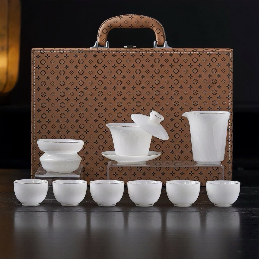 Completely Premium White Iced Jade Porcelain Gaiwan Set with Luxury Carrying Case - Tea and Whisk