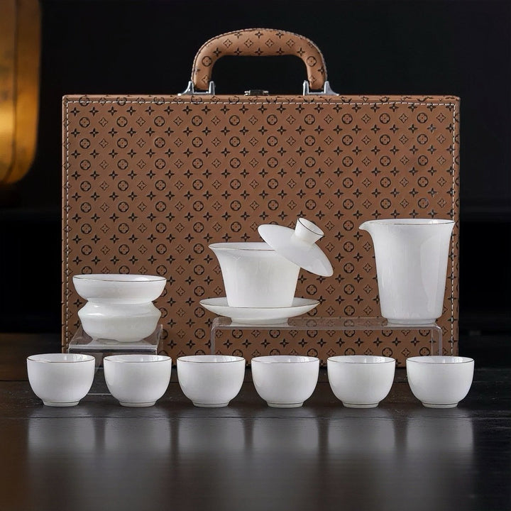 Completely Premium White Iced Jade Porcelain Gaiwan Set with Luxury Carrying Case - Tea and Whisk
