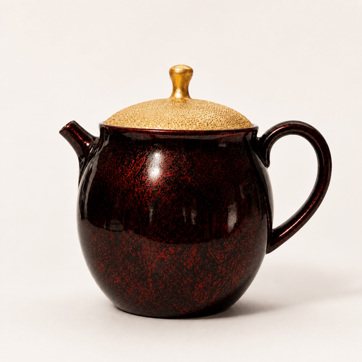 Crimson Gold -Japanese Master Shouryu Royal Red Tenmoku Teapot - Tea and Whisk