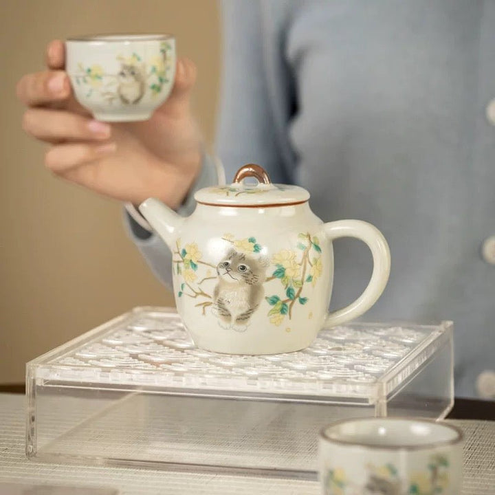 Cute Kitty Porcelain Teapot with 2 Cups Set - Tea and Whisk