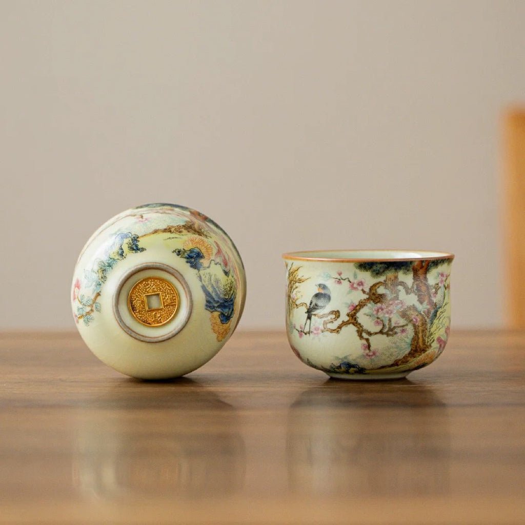 Decorative Ru Kiln Porcelain Teacup with Ancient Coin of China - Tea and Whisk