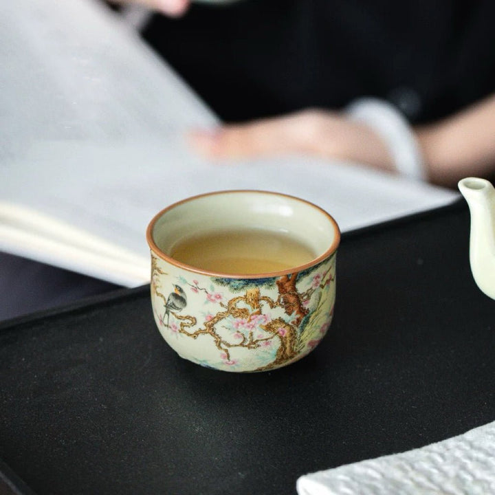 Decorative Ru Kiln Porcelain Teacup with Ancient Coin of China - Tea and Whisk