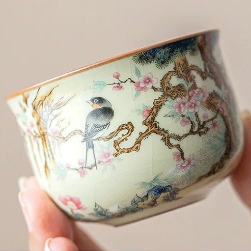 Decorative Ru Kiln Porcelain Teacup with Ancient Coin of China - Tea and Whisk