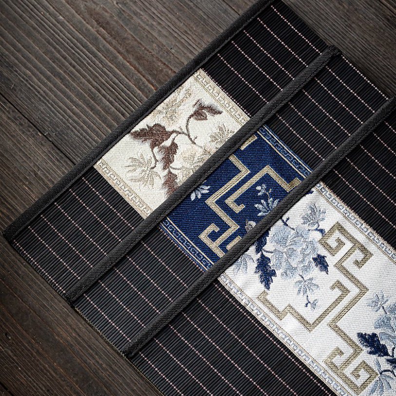 Elegant Black Bamboo Tea Mat with Brocade Center - Tea and Whisk