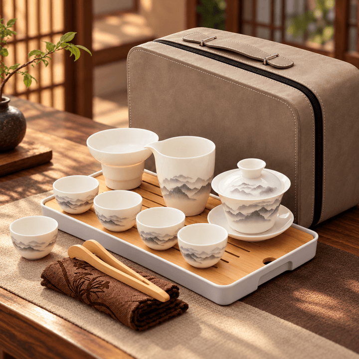 Ethereal Mountain-Complete Porcelain Gaiwan Travel Tea Set - Tea and Whisk