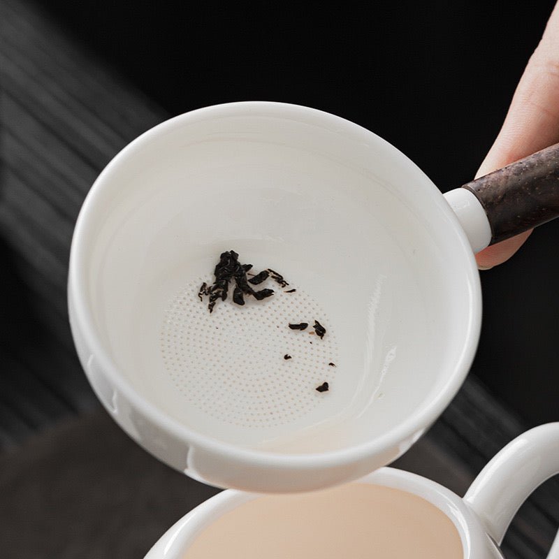 Fry Pan - Jade White Ceramic Tea Strainer with Stand - Tea and Whisk