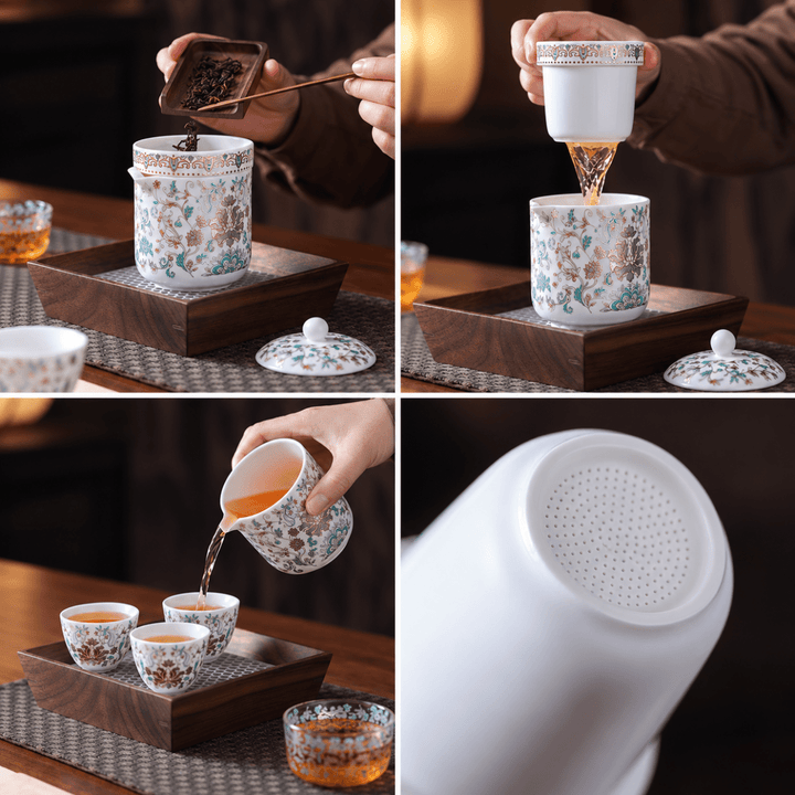 Gilded Brocade Premium Porcelain Travel Tea Set - Tea and Whisk