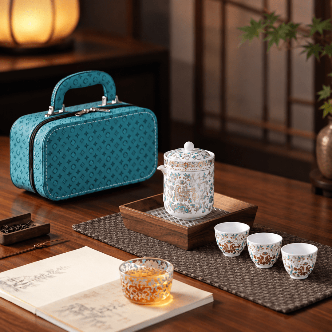 Gilded Brocade Premium Porcelain Travel Tea Set - Tea and Whisk