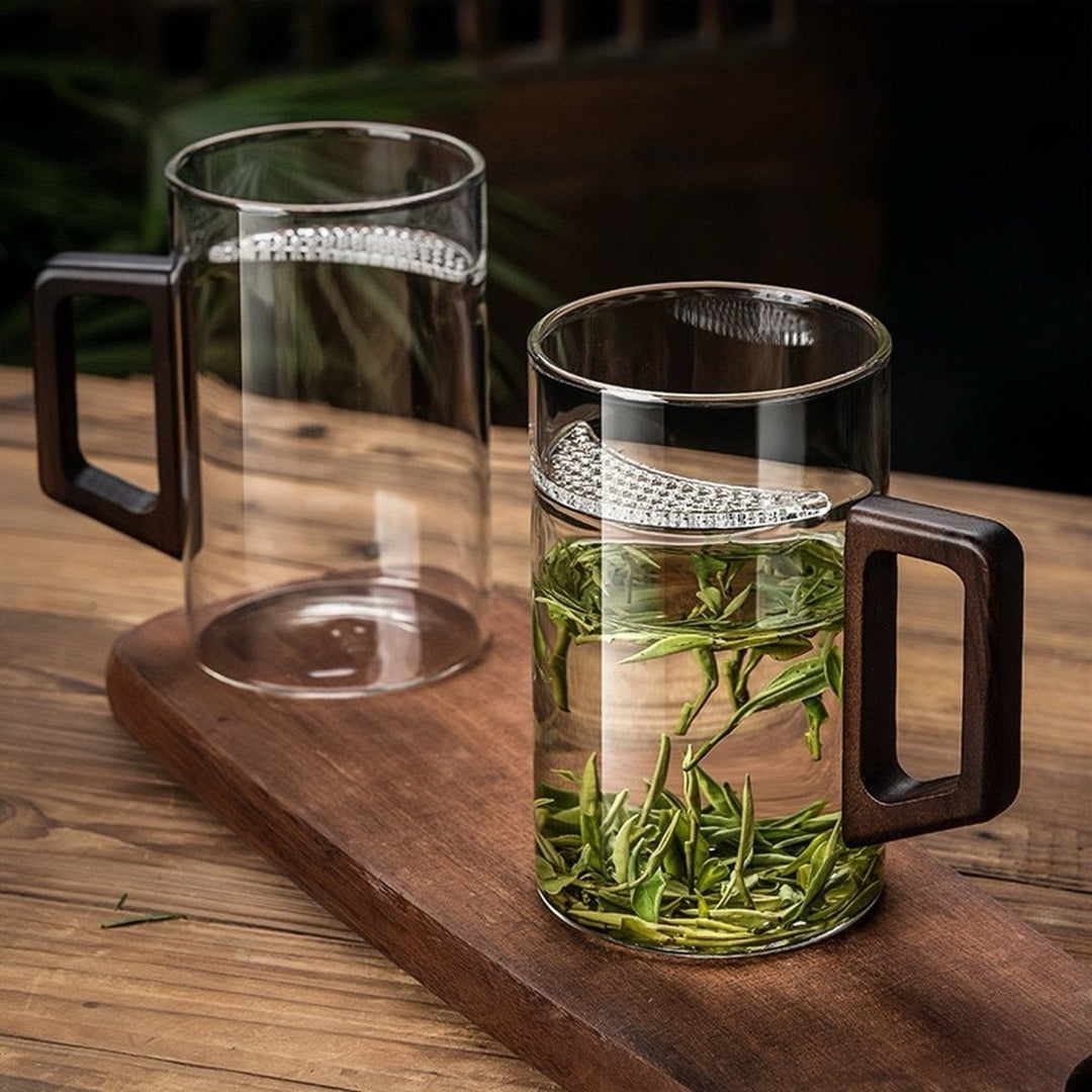 Glass Tea Mug with Walnut Wooden Handle - Tea and Whisk