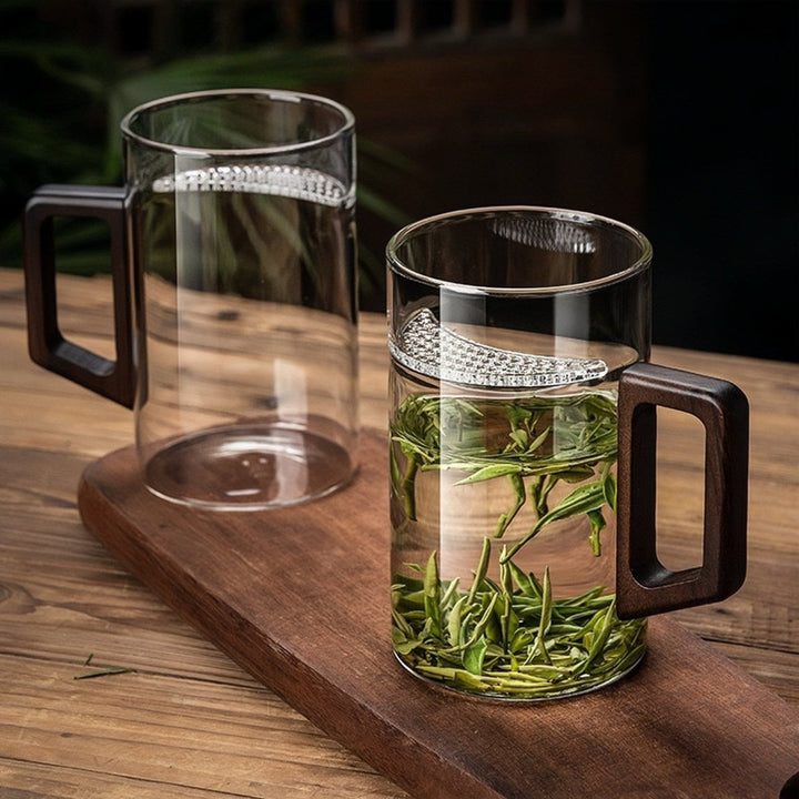 Glass Tea Mug with Walnut Wooden Handle - Tea and Whisk