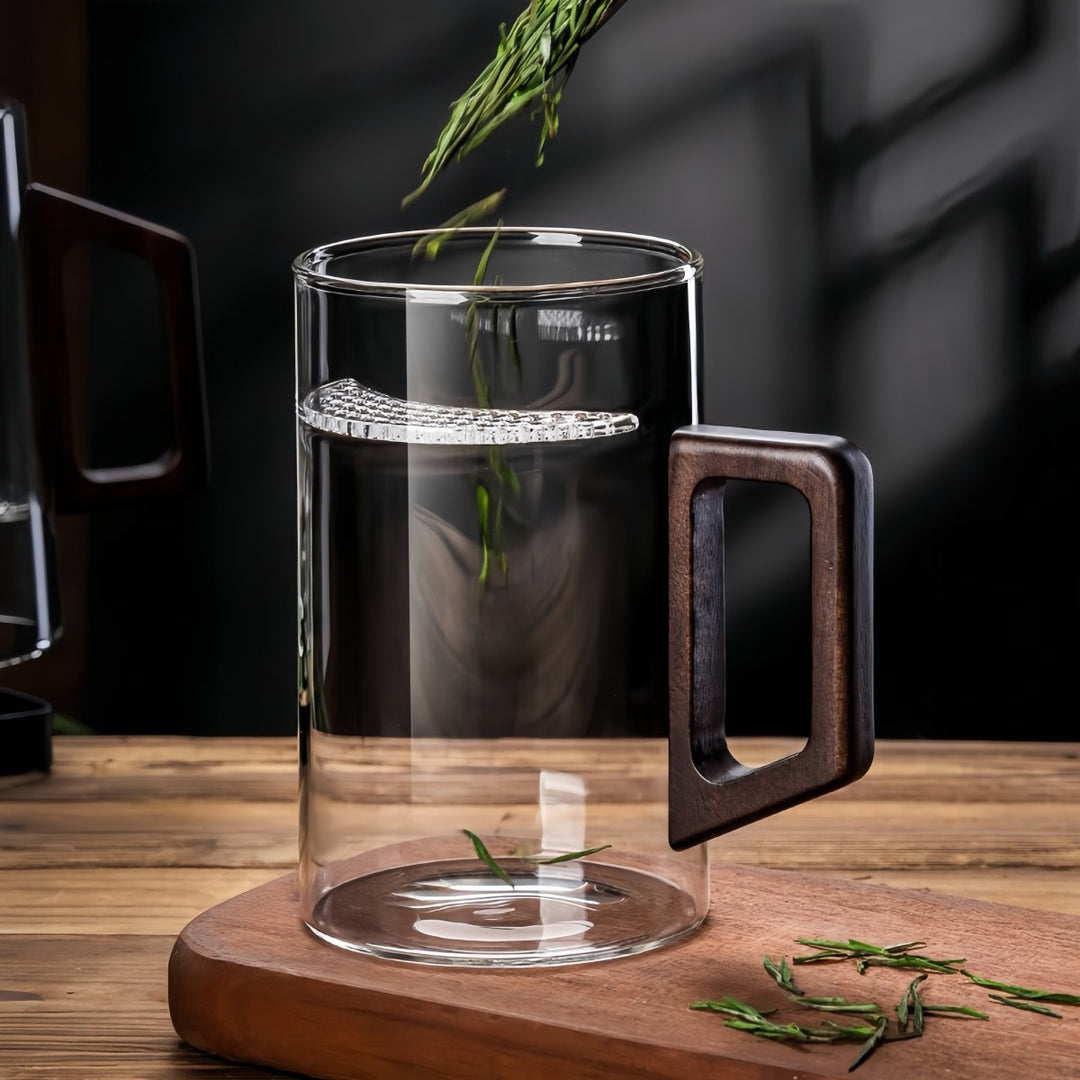 Glass Tea Mug with Walnut Wooden Handle - Tea and Whisk